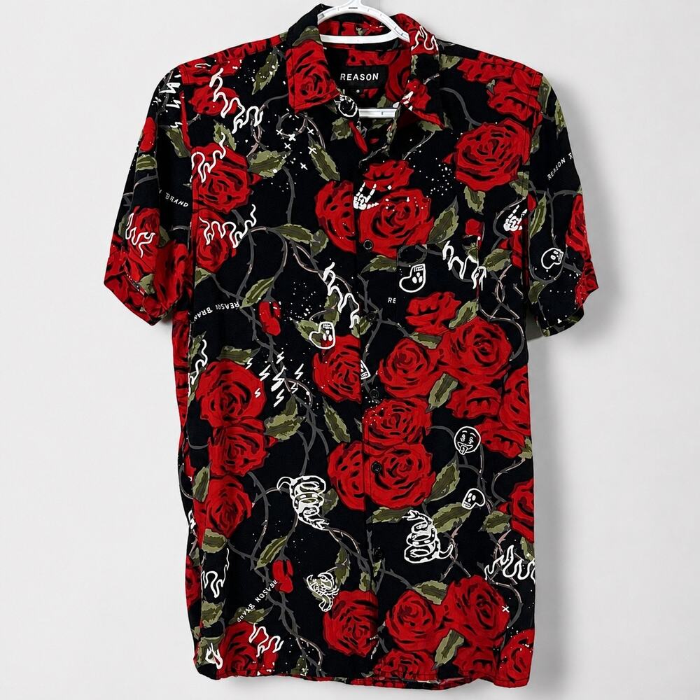 Black Red Rose Graffiti Shirt Mens Small Reason Skull Snake Graphic Viscose